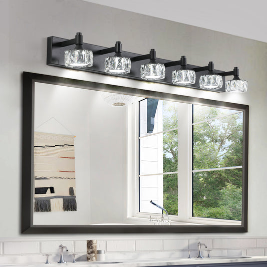 6-Light Matte Black LED Vanity Light with Crystal Glass