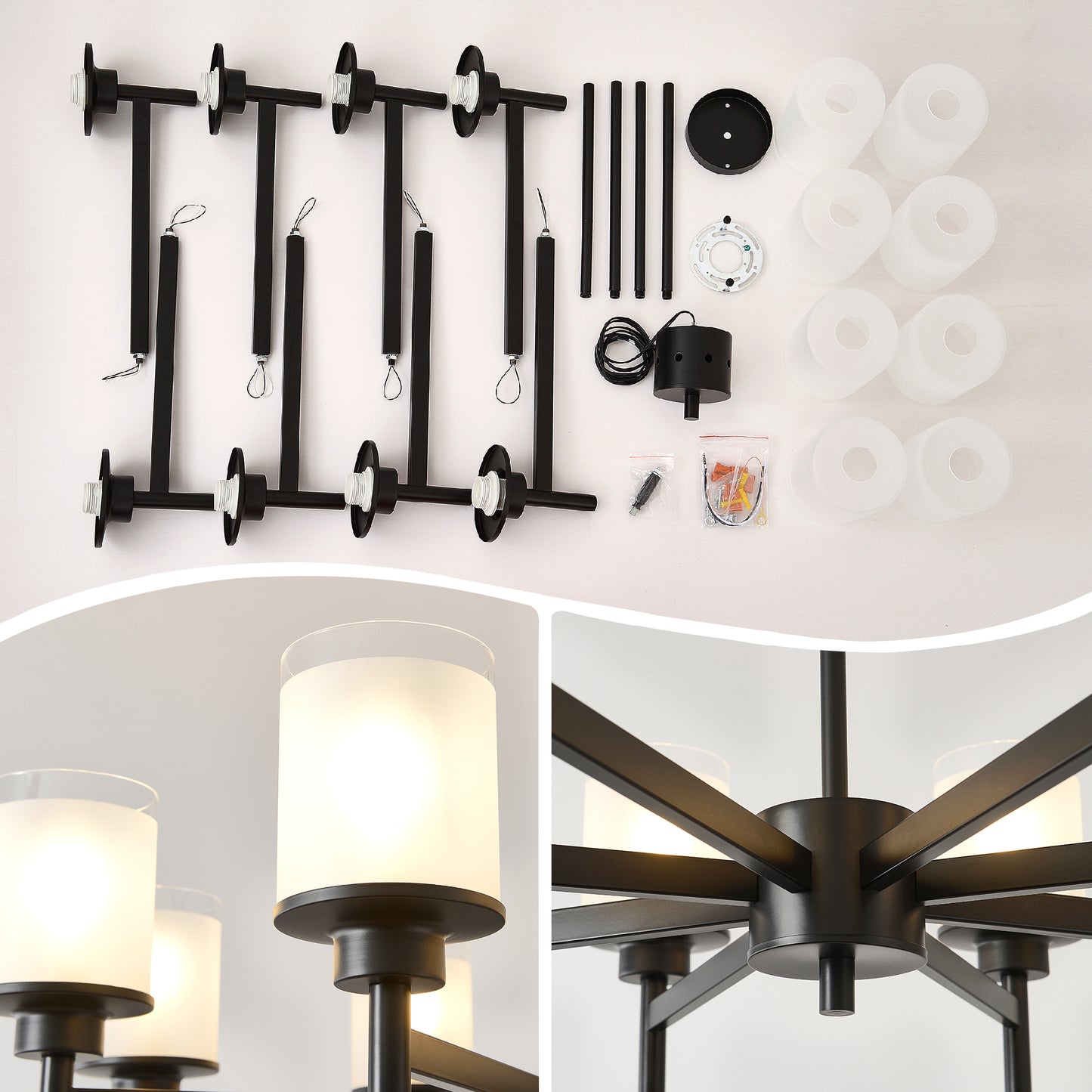 6-Light Black Farmhouse Chandelier with Frosted Glass - view 8