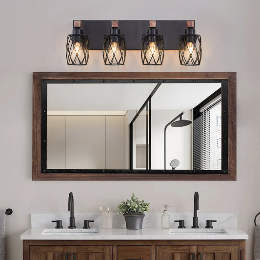 24" 4-Light Black Caged Wall Light with Wood Accents