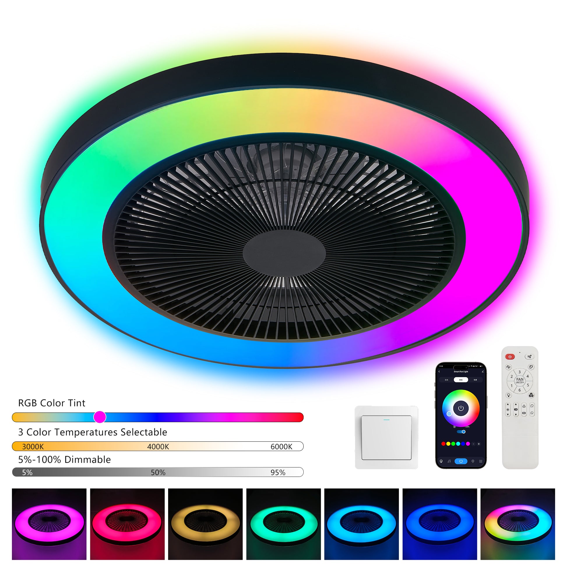 19" Black RGB Smart Ceiling Fan with Remote - view 6
