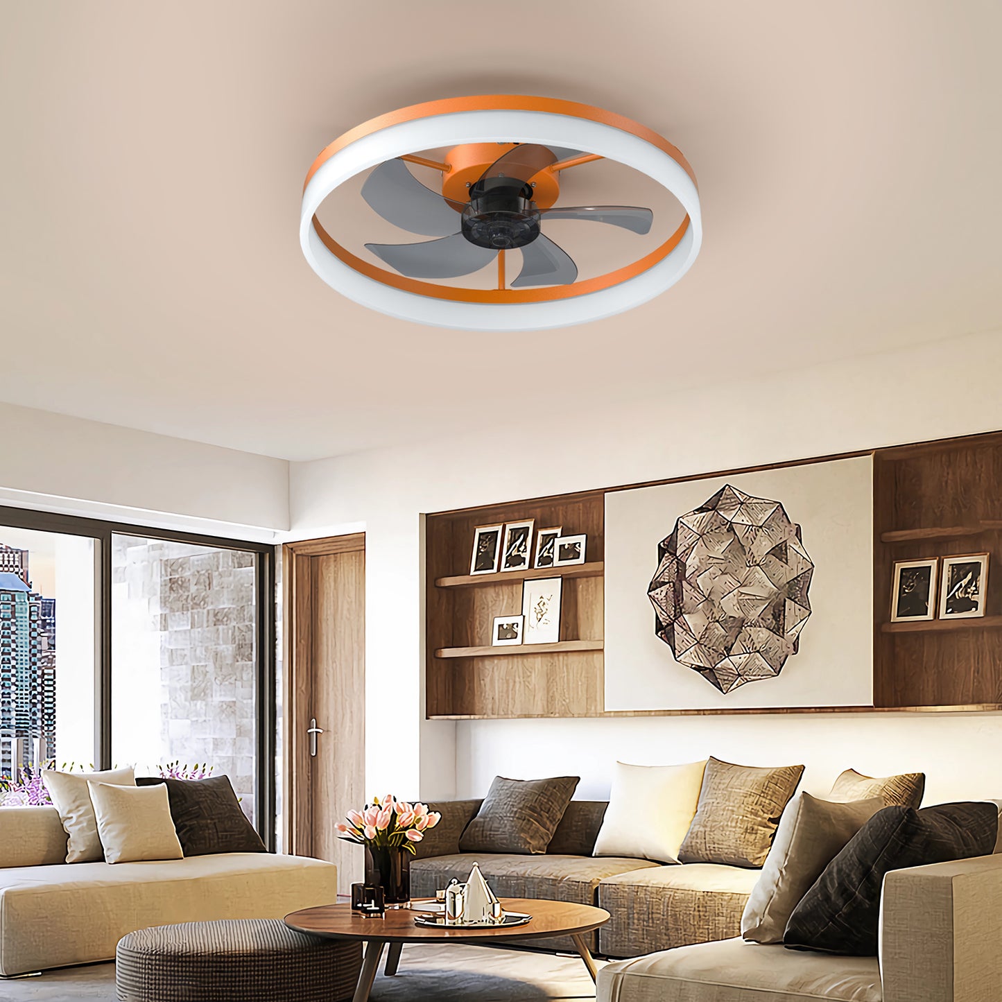 White & Orange Low Profile Ceiling Fan with Dimmable LED - view 3