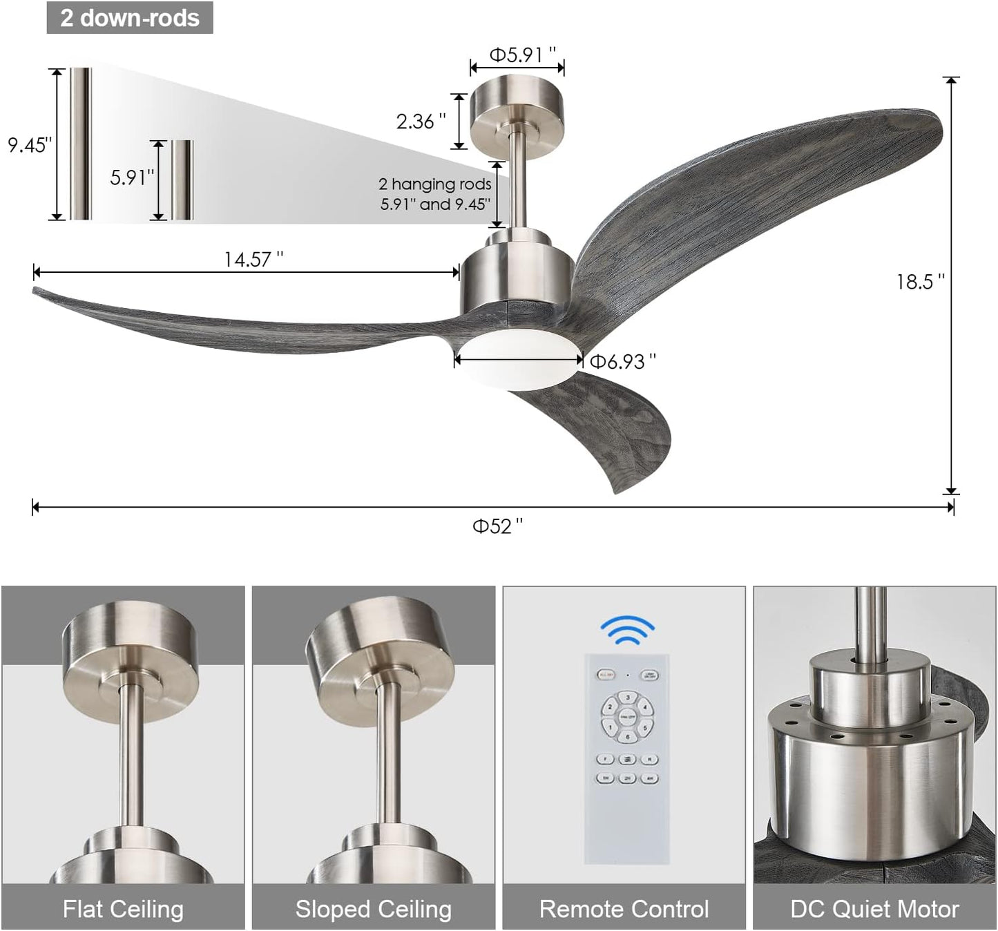 52" Nickel & Wood Ceiling Fan with Remote - view 17