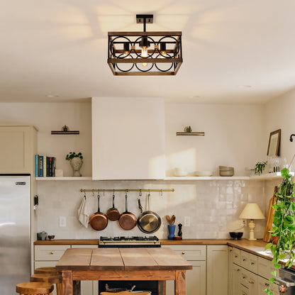 4-Light Wood & Black Farmhouse Flush Mount Ceiling Light - view 4
