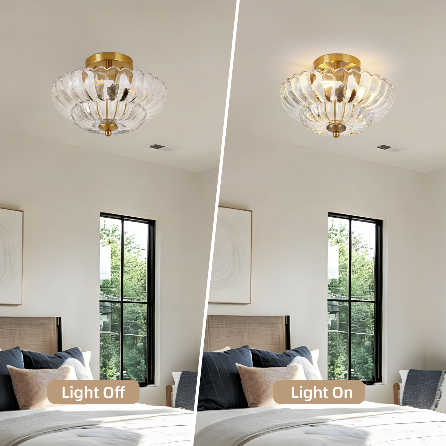 11.8" 3-Light Gold Semi-Flush Ceiling Light with Flower Glass - view 4