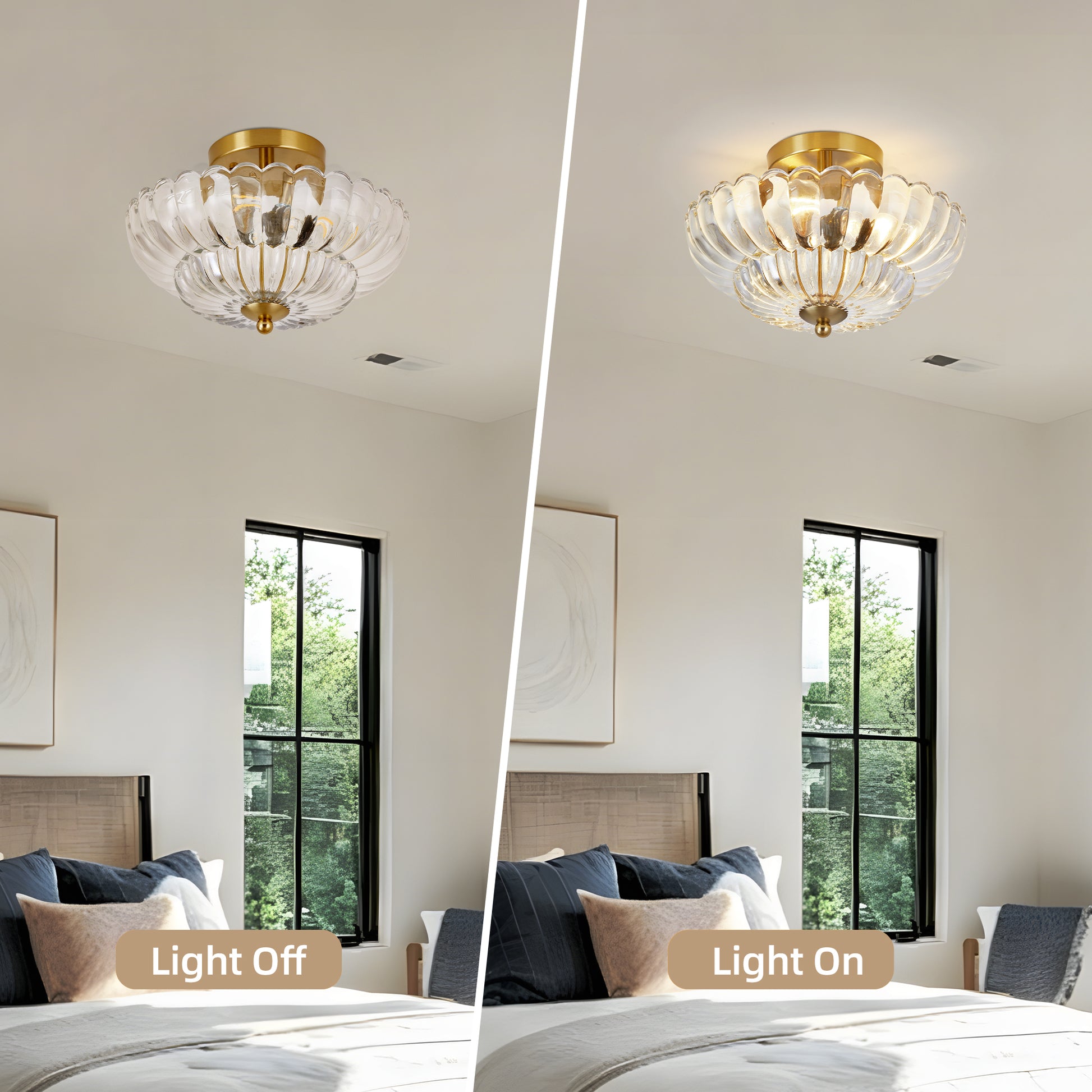 11.8" 3-Light Gold Semi-Flush Ceiling Light with Flower Glass - view 4