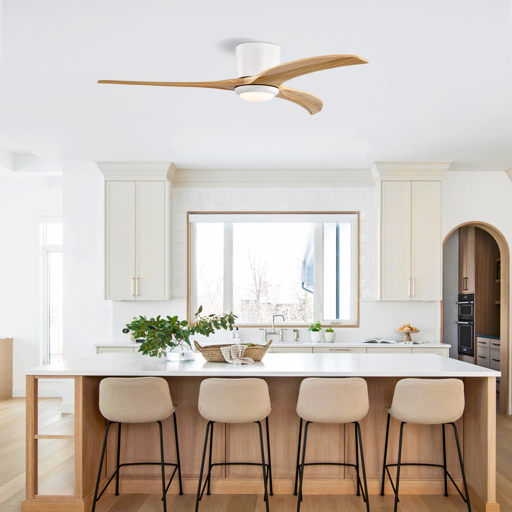 52" Matte White Solid Wood Ceiling Fan with Light & Remote - view 4