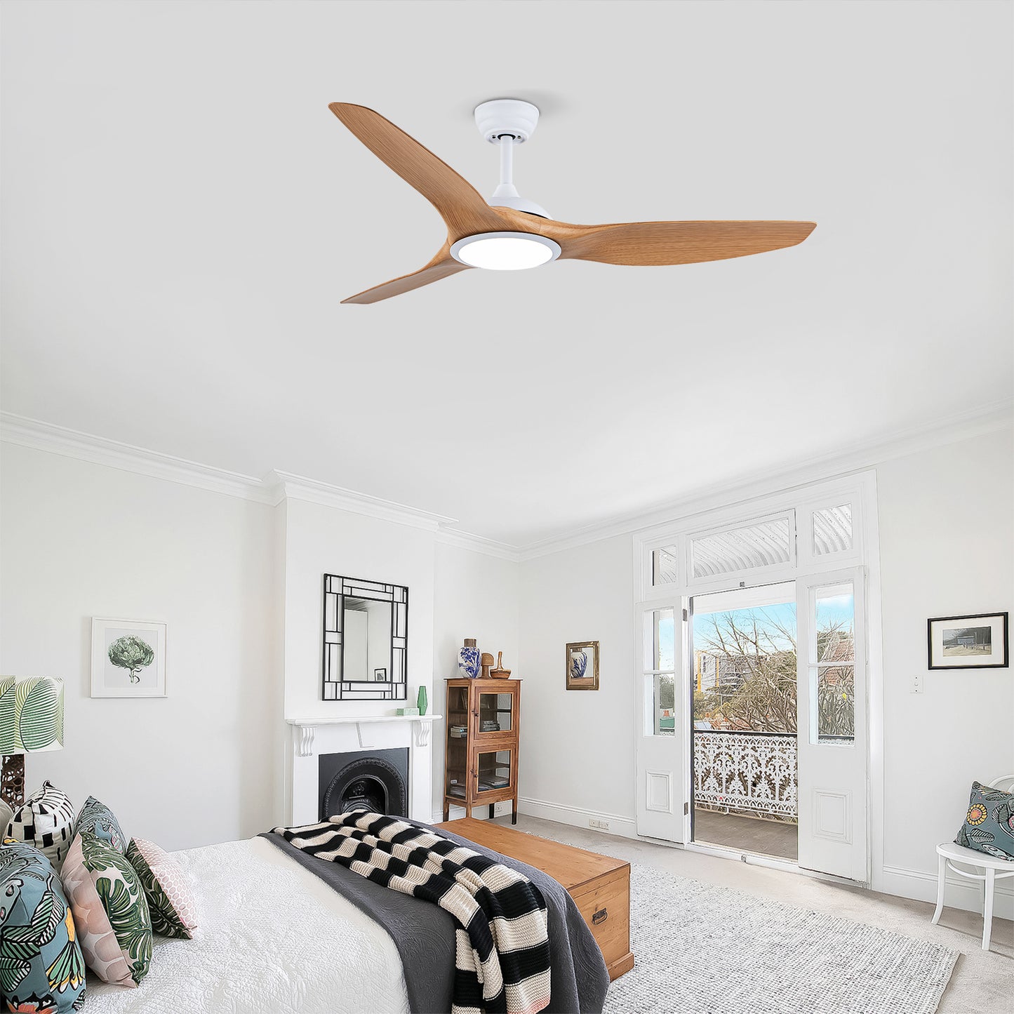 52" Matte White & Natural Wood Ceiling Fan with Remote - view 4