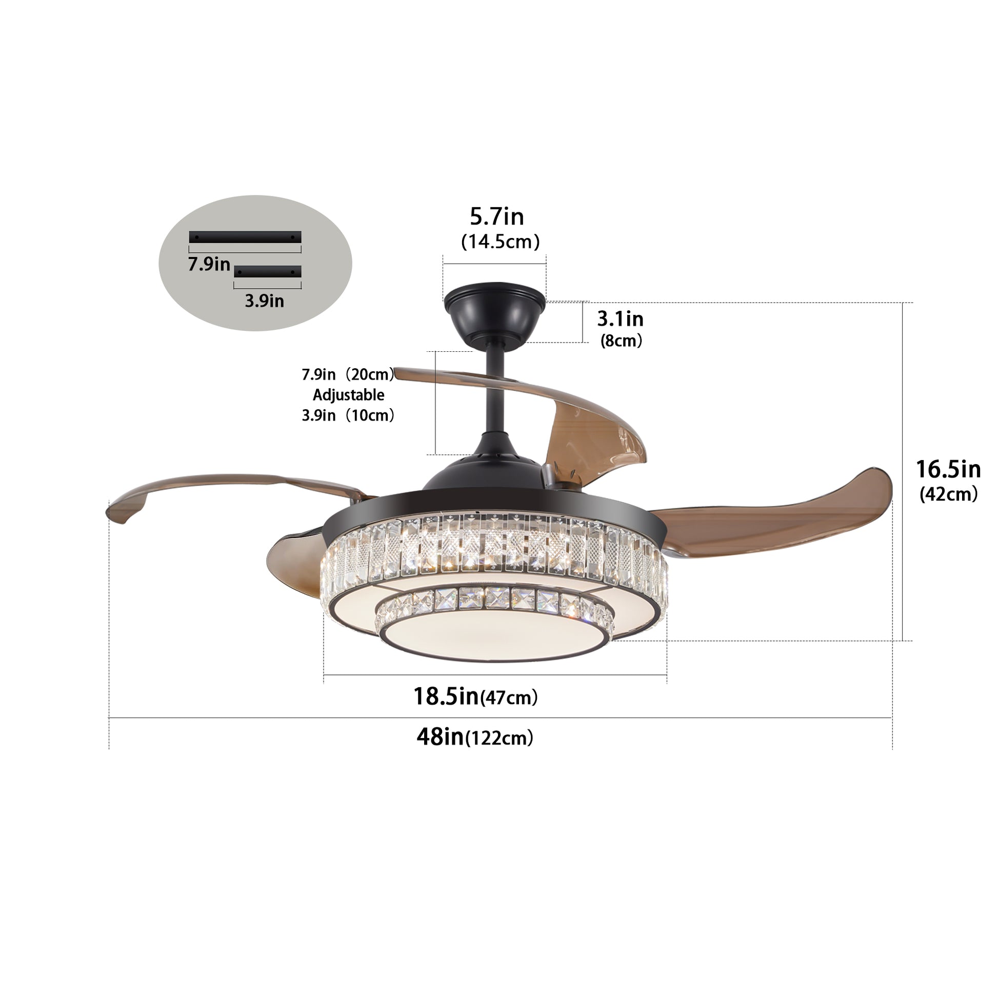 48" Black Crystal Retractable Ceiling Fan with Remote - view 11
