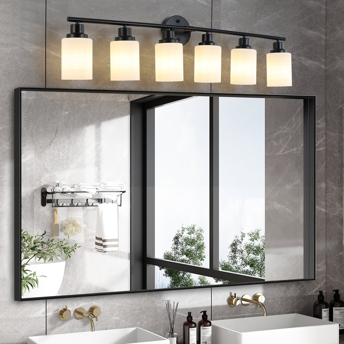 39" 6-Light Black Vanity Light with Frosted Glass