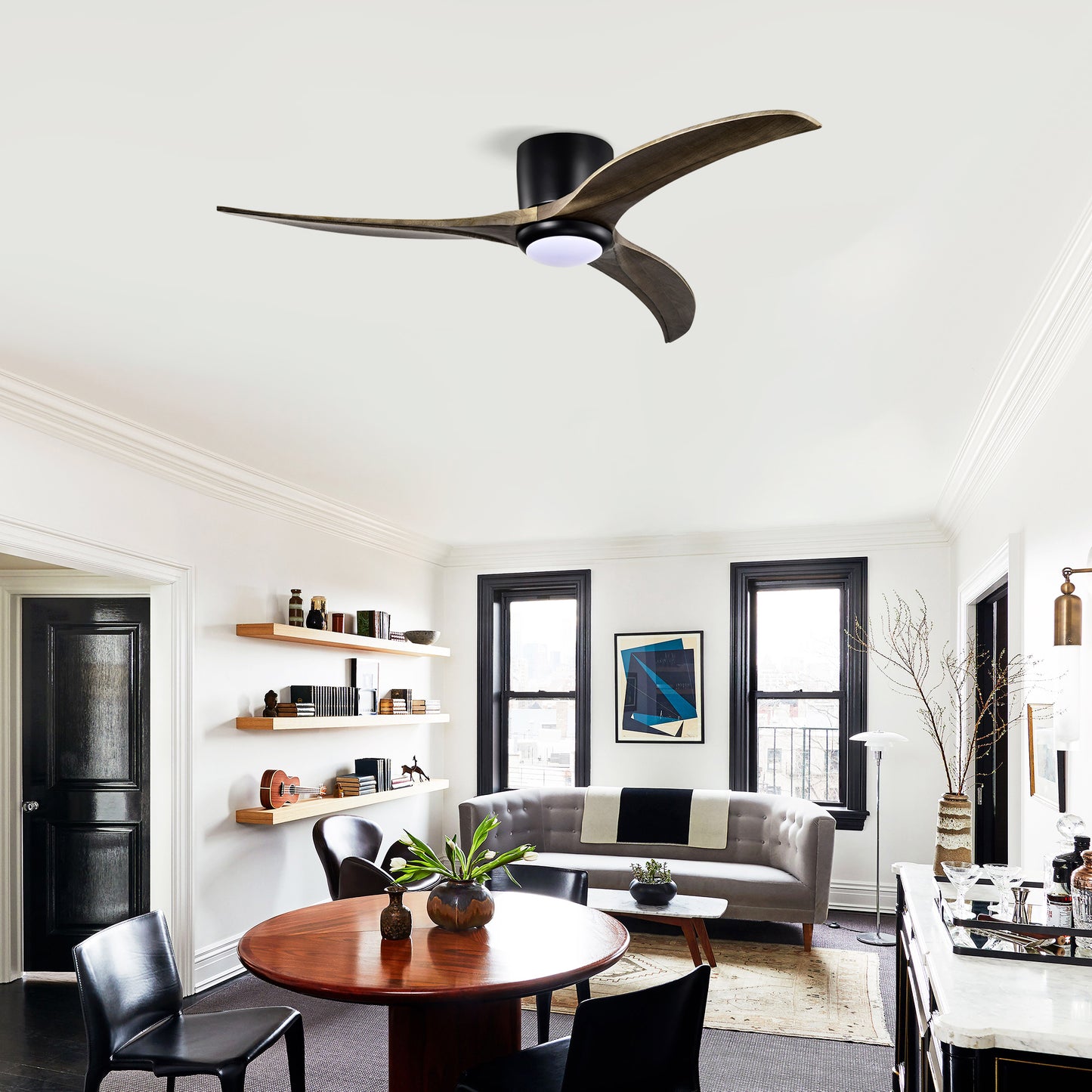 52" Matte Black Flush Mount Wood Ceiling Fan with Remote - view 3