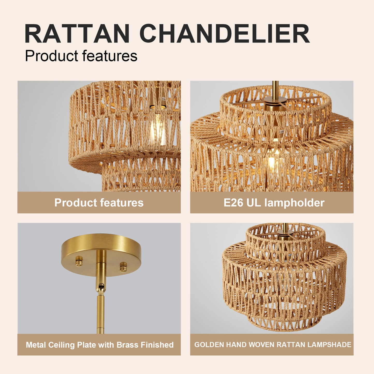 12.6" Boho Hand Woven Rattan Chandelier - view 6