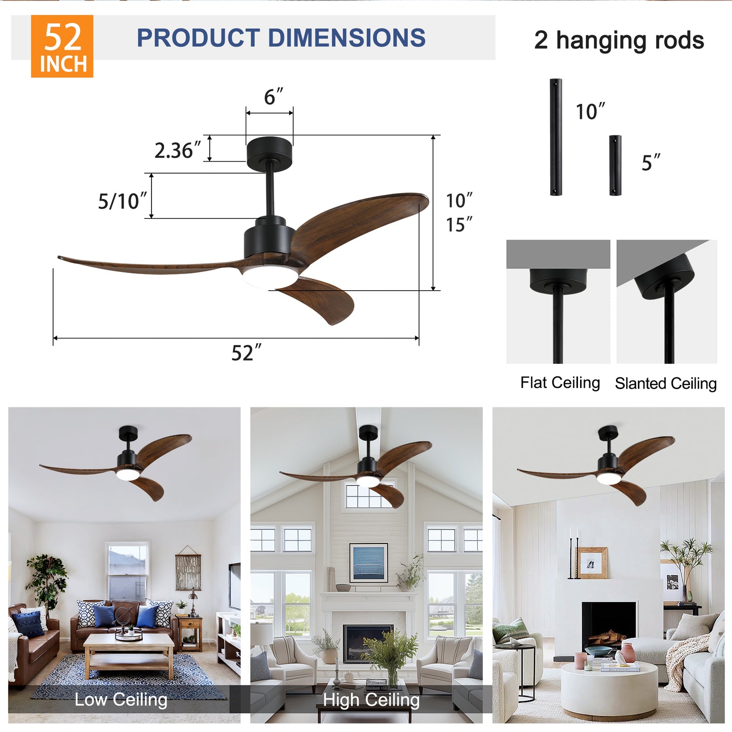 52" Matte Black & Wood Ceiling Fan with Dimmable LED - view 17