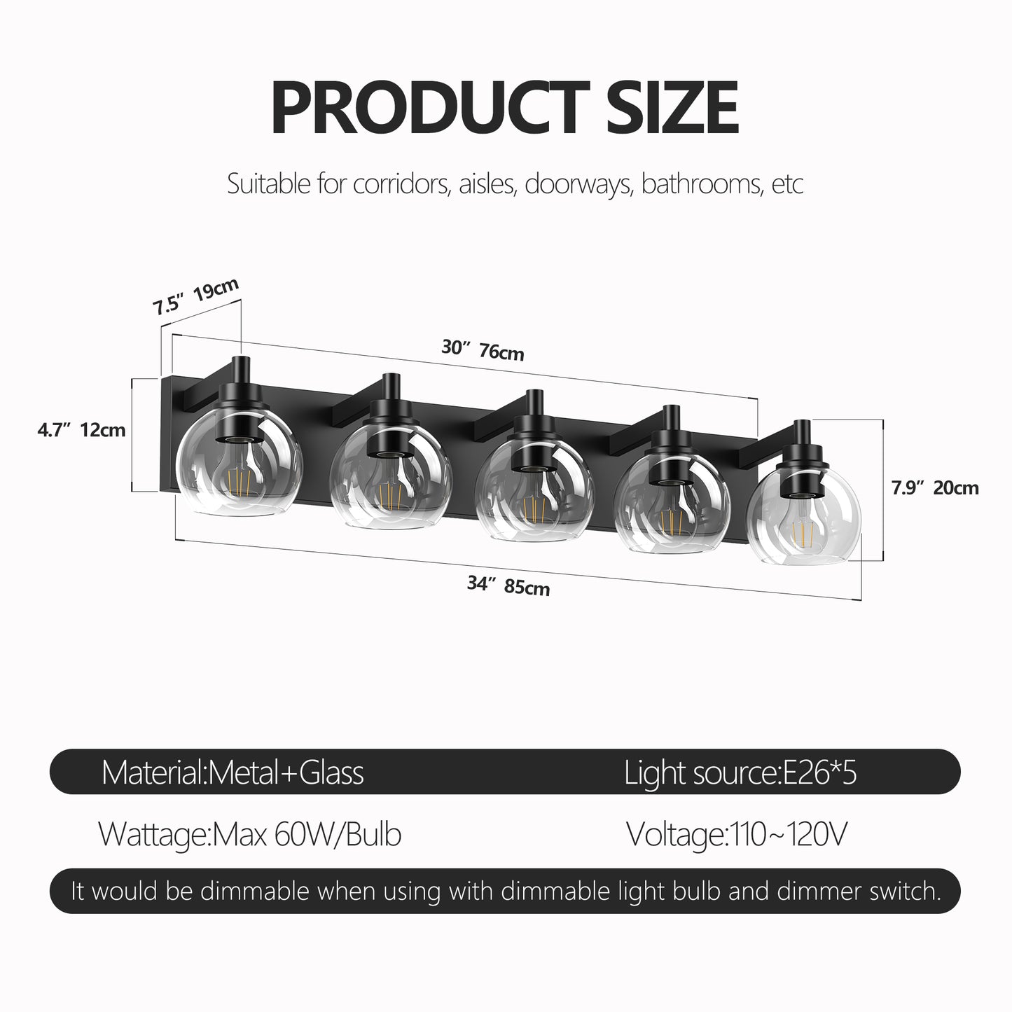 5-Light Black Vanity Light with Globe Glass Shades - view 8
