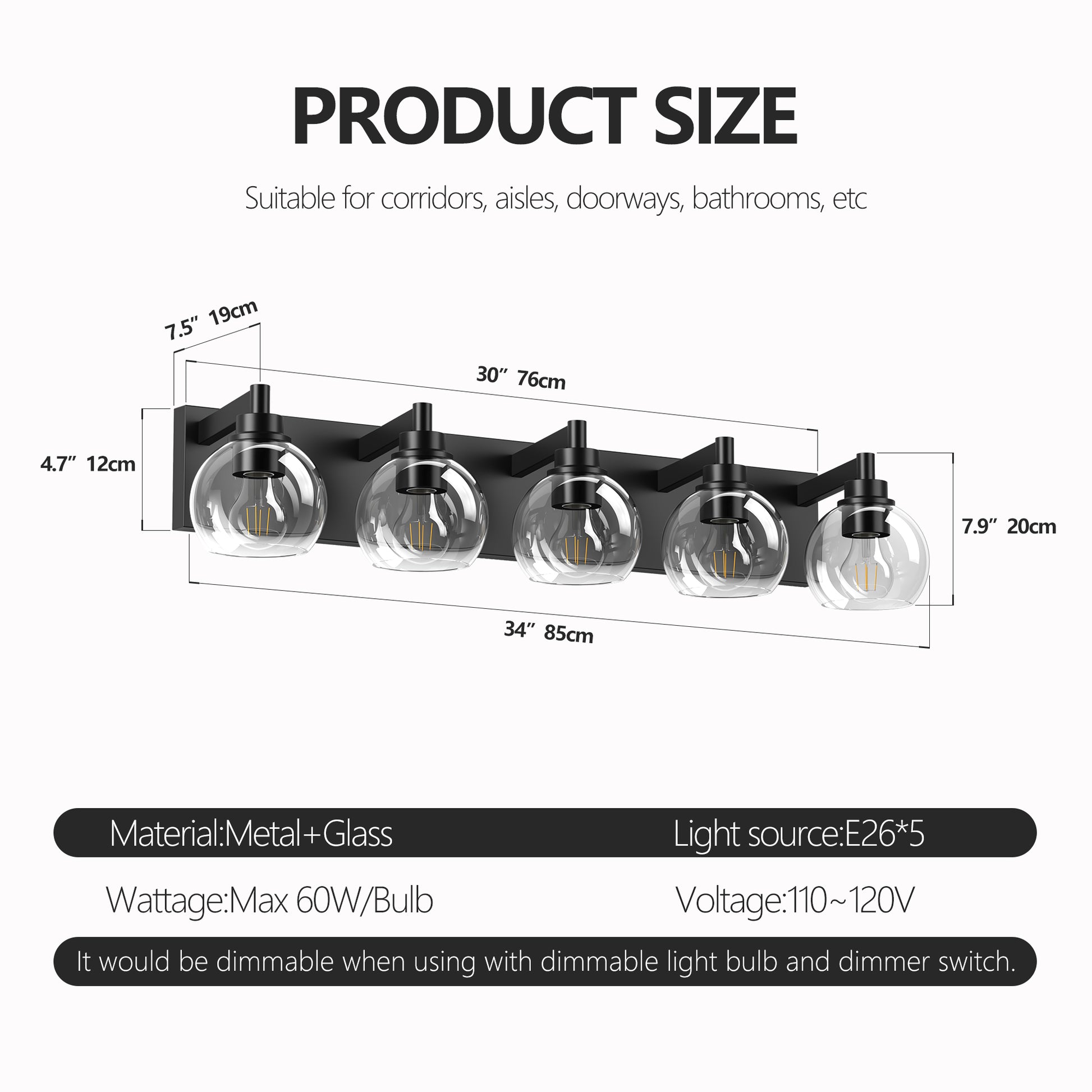 5-Light Black Vanity Light with Globe Glass Shades - view 8
