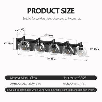 5-Light Black Vanity Light with Globe Glass Shades - view 8