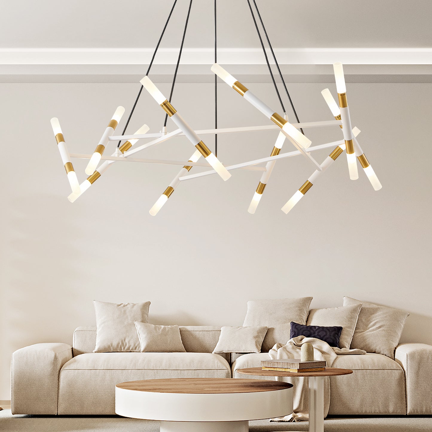 41" White and Gold Branch Chandelier with Frosted Tubes - view 4