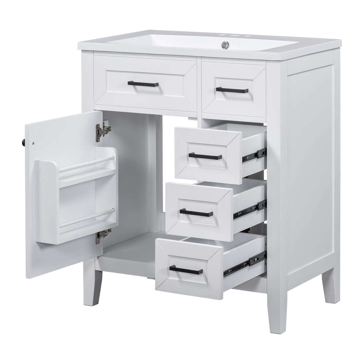 30" White Bathroom Vanity with Sink, Bottom Drawer & Door Shelf