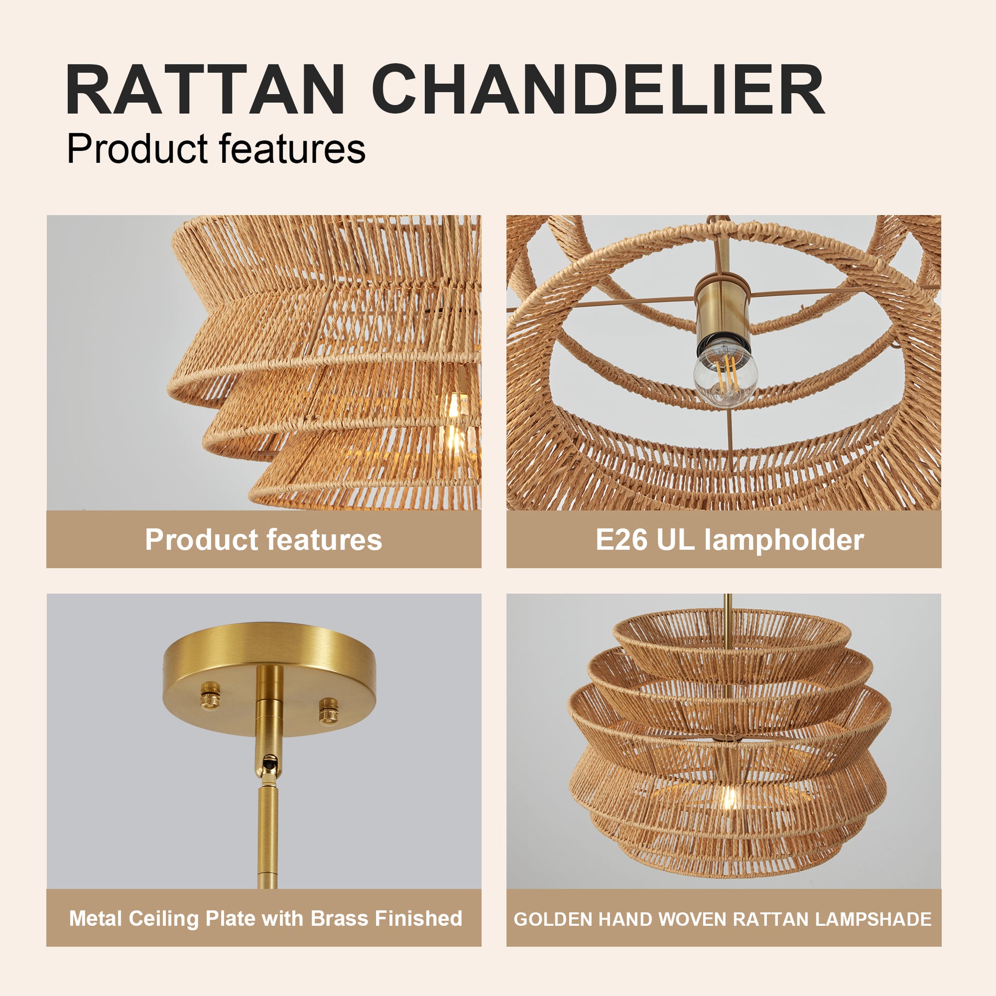 17.3" Hand-Woven Rattan Farmhouse Chandelier - view 6