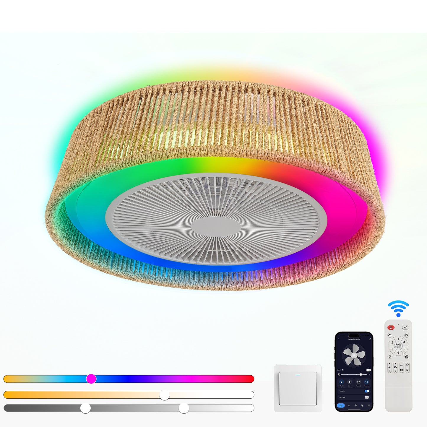 21" White Rustic Rope Woven Ceiling Fan with Remote - view 5