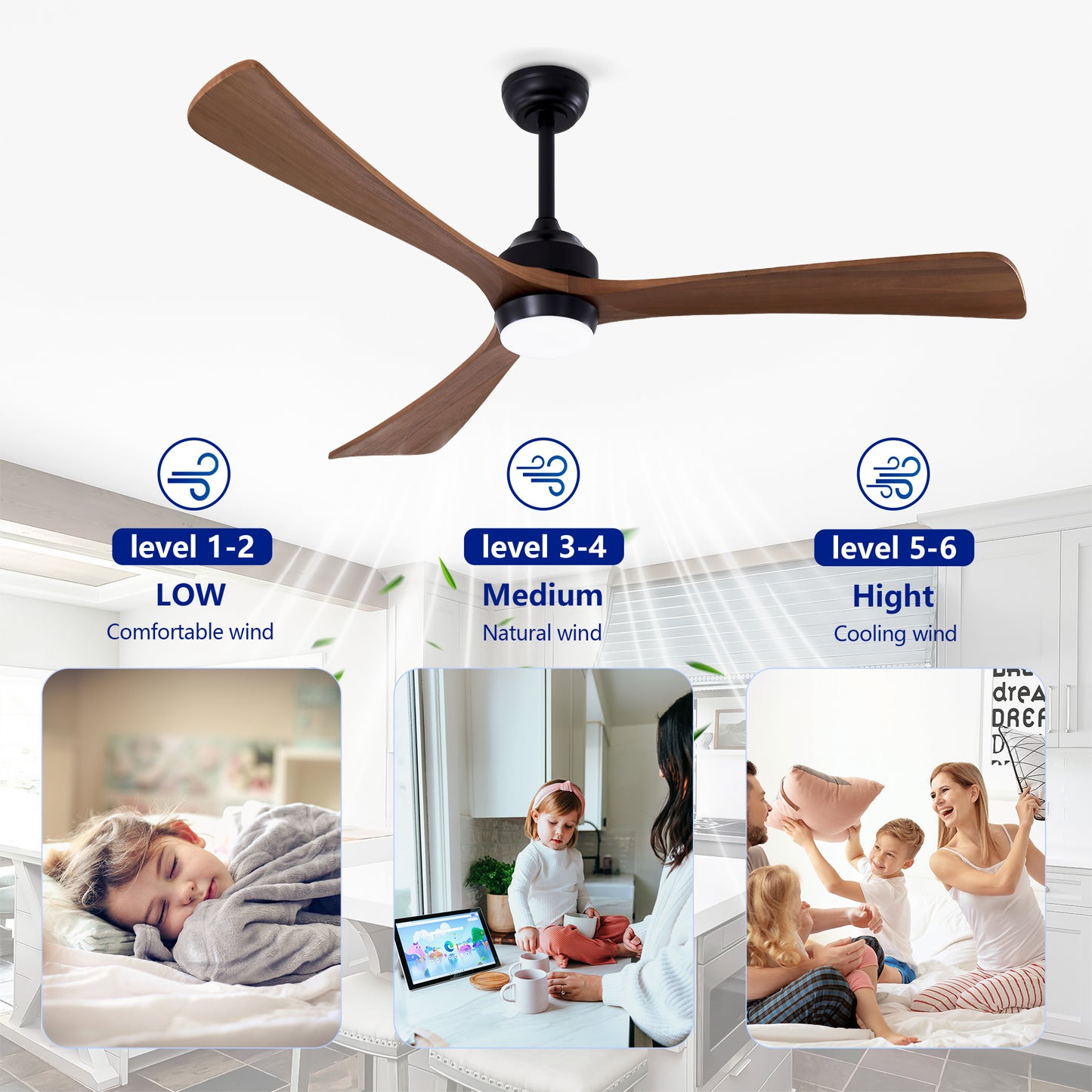 62" Matte Black 3-Blade Solid Wood Ceiling Fan with Remote - view 12