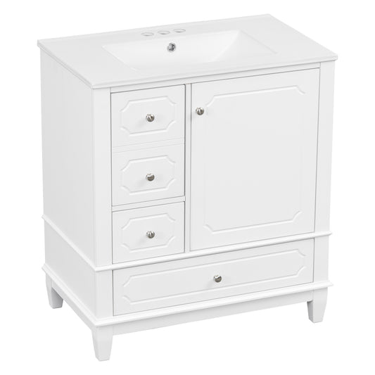 30" White Bathroom Vanity with Sink, 3 Drawers & Tapered Legs