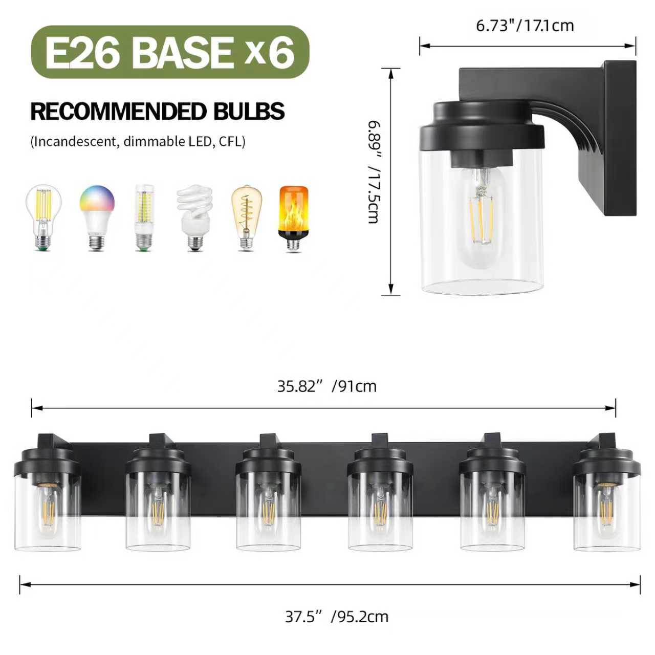 6-Light Black Vanity Light with Clear Glass Shade - view 4