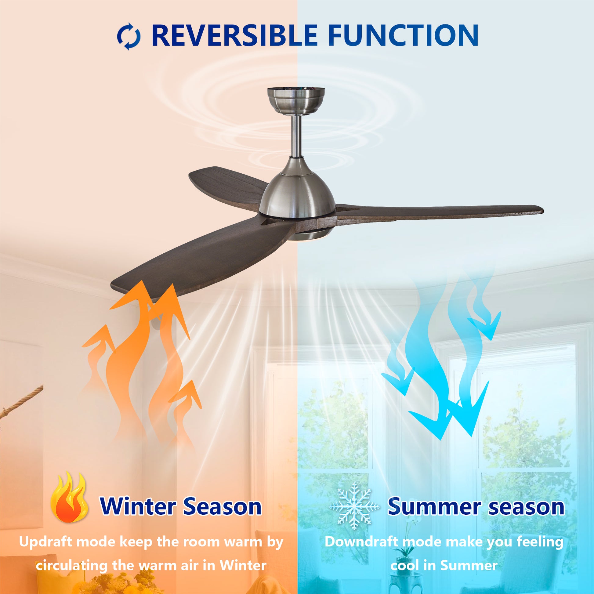 52" Nickel & Wood Reversible Ceiling Fan with Light - view 10