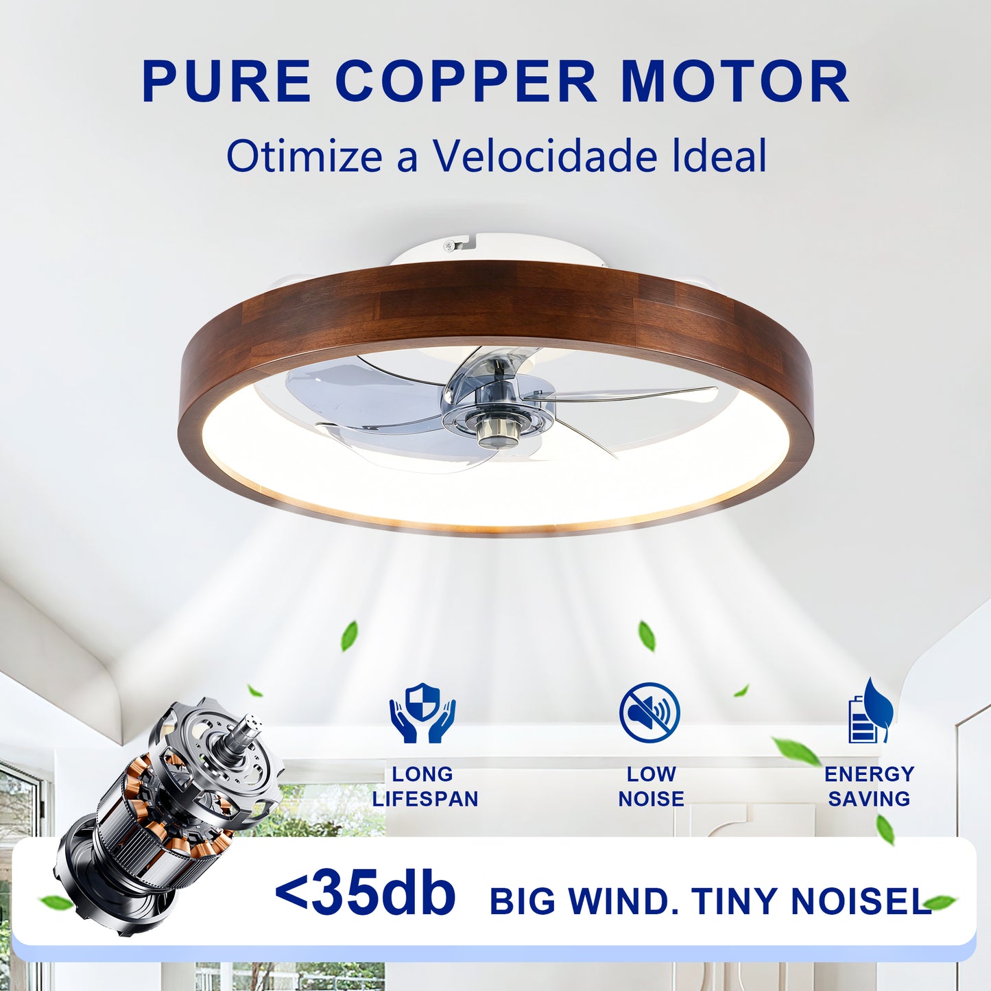 20" White & Wood Flush Mount Ceiling Fan with Dimmable LED - view 12