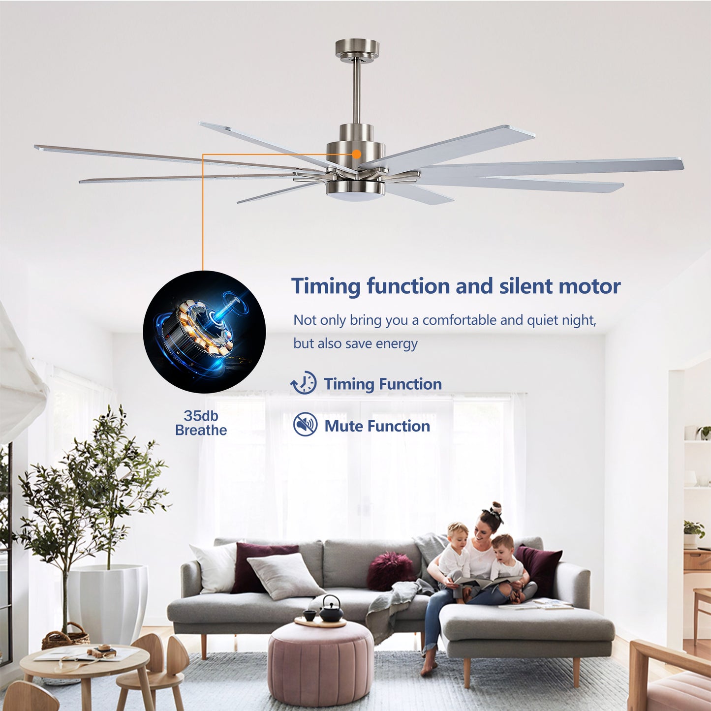 84" Nickel 8-Blade Ceiling Fan with Dimmable LED - view 14