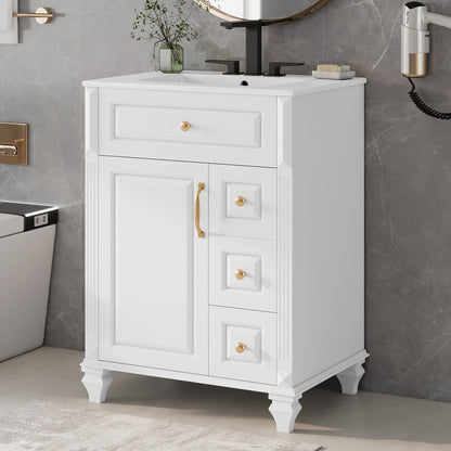 24" White Bathroom Vanity with Sink, Flip-Out Drawer & 3 Drawers