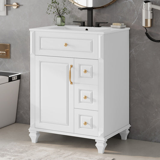 24" White Bathroom Vanity with Sink, Flip-Out Drawer & 3 Drawers