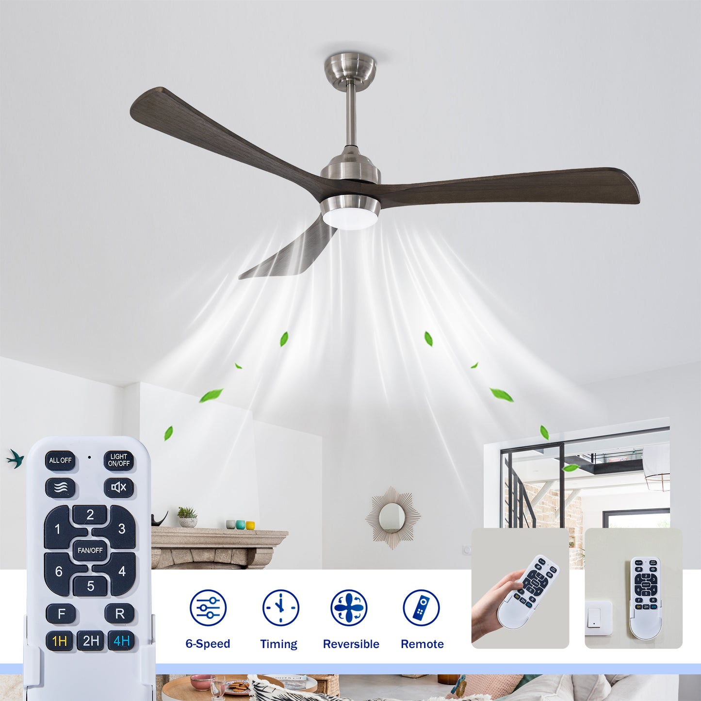 62" Satin Nickel Solid Wood Ceiling Fan with Light & Remote - view 8