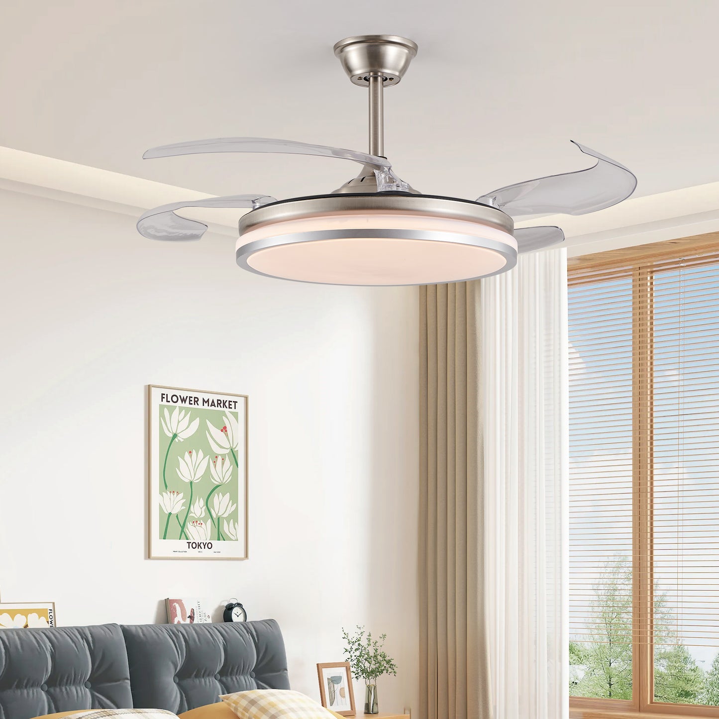 42" Chrome Retractable Blade Ceiling Fan with LED Light - view 2