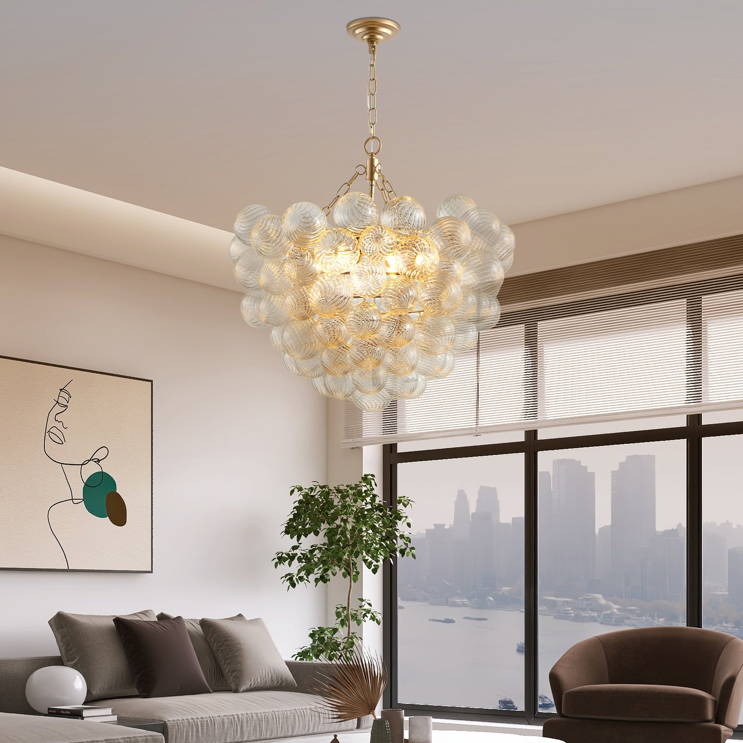 23.6" Gold Chandelier with Threaded Glass Globe - view 4