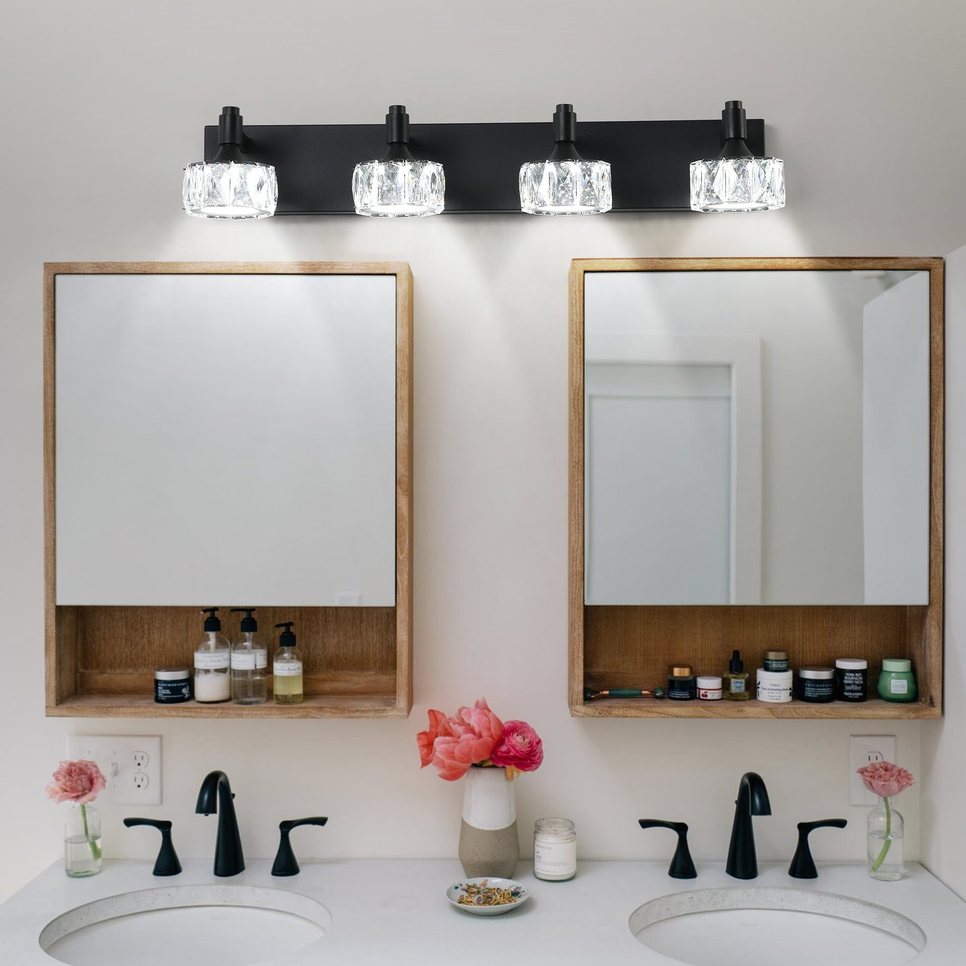 4-Light Matte Black LED Vanity Light with Crystal Glass