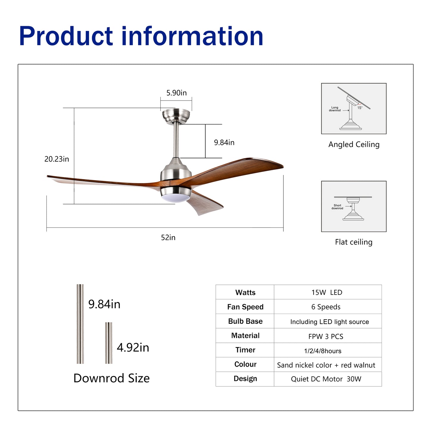 52" Satin Nickel Solid Wood Ceiling Fan with Remote - view 7