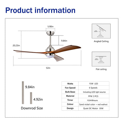 52" Satin Nickel Solid Wood Ceiling Fan with Remote - view 7