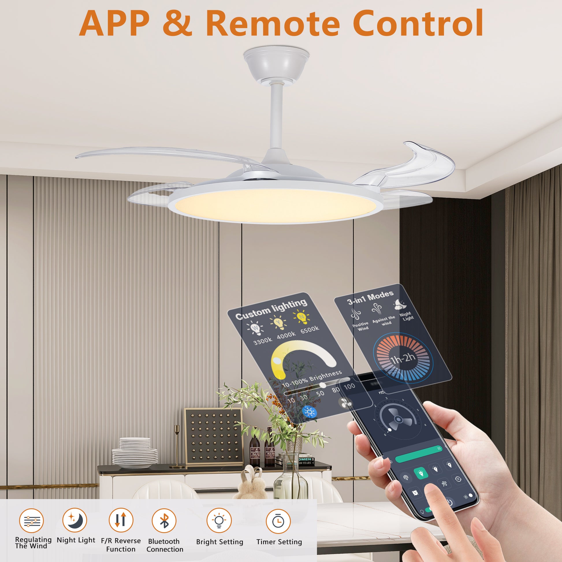 42" White Retractable Flush Mount Ceiling Fan with Remote - view 6