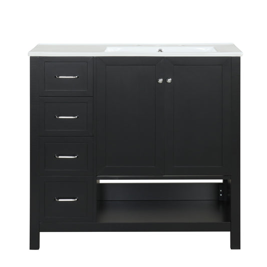 36" Black Bathroom Vanity with Sink, 2 Doors & Open Bottom Shelf