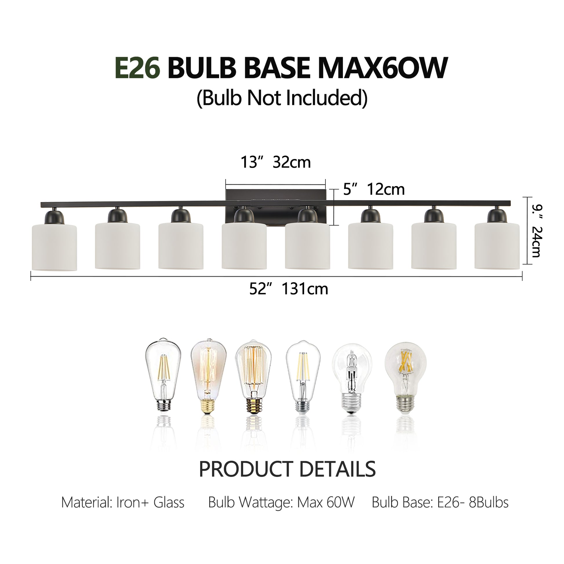 52" 8-Light Matte Black Vanity Light with Frosted Glass - view 7
