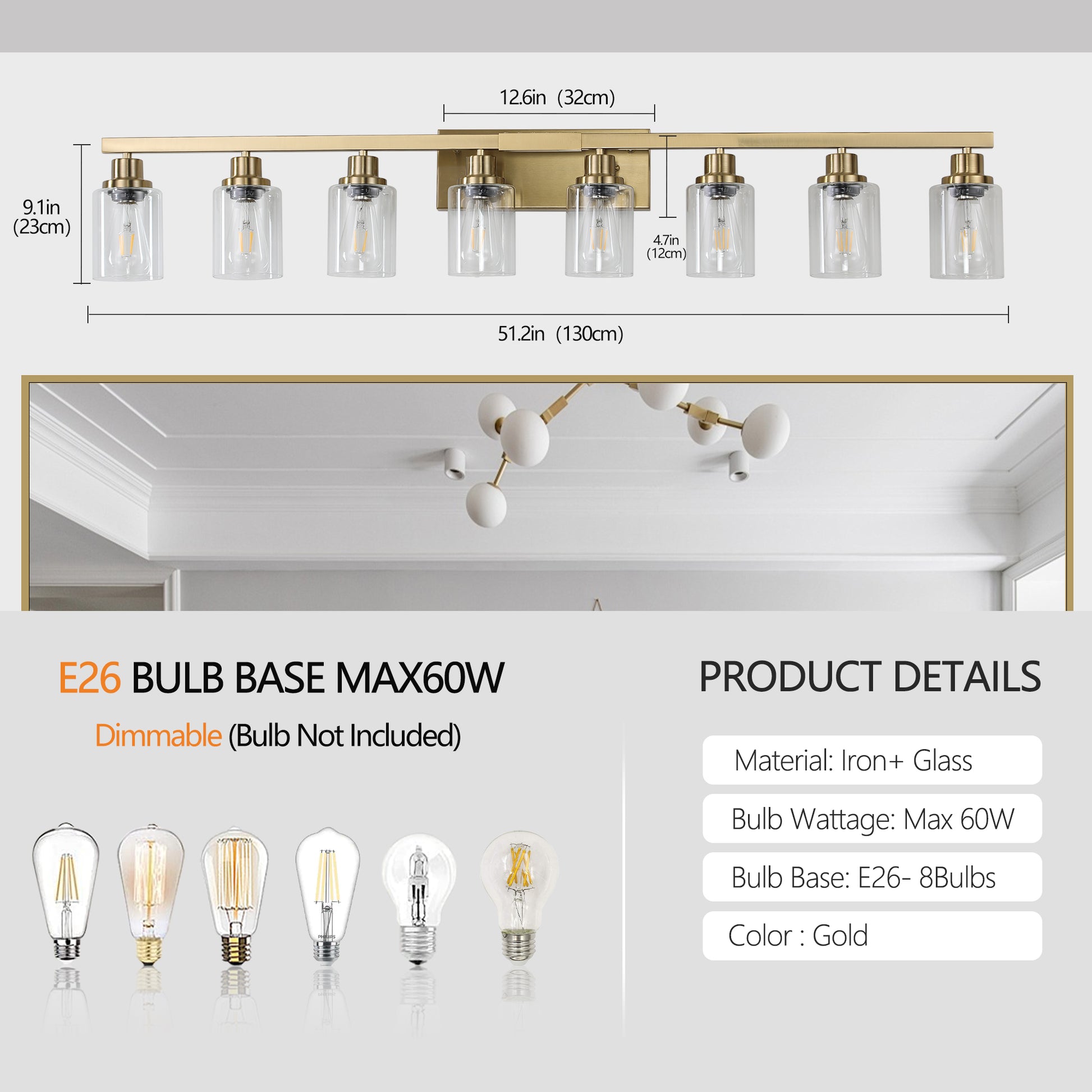 51" 8-Light Gold Vanity Light with Clear Glass - view 5