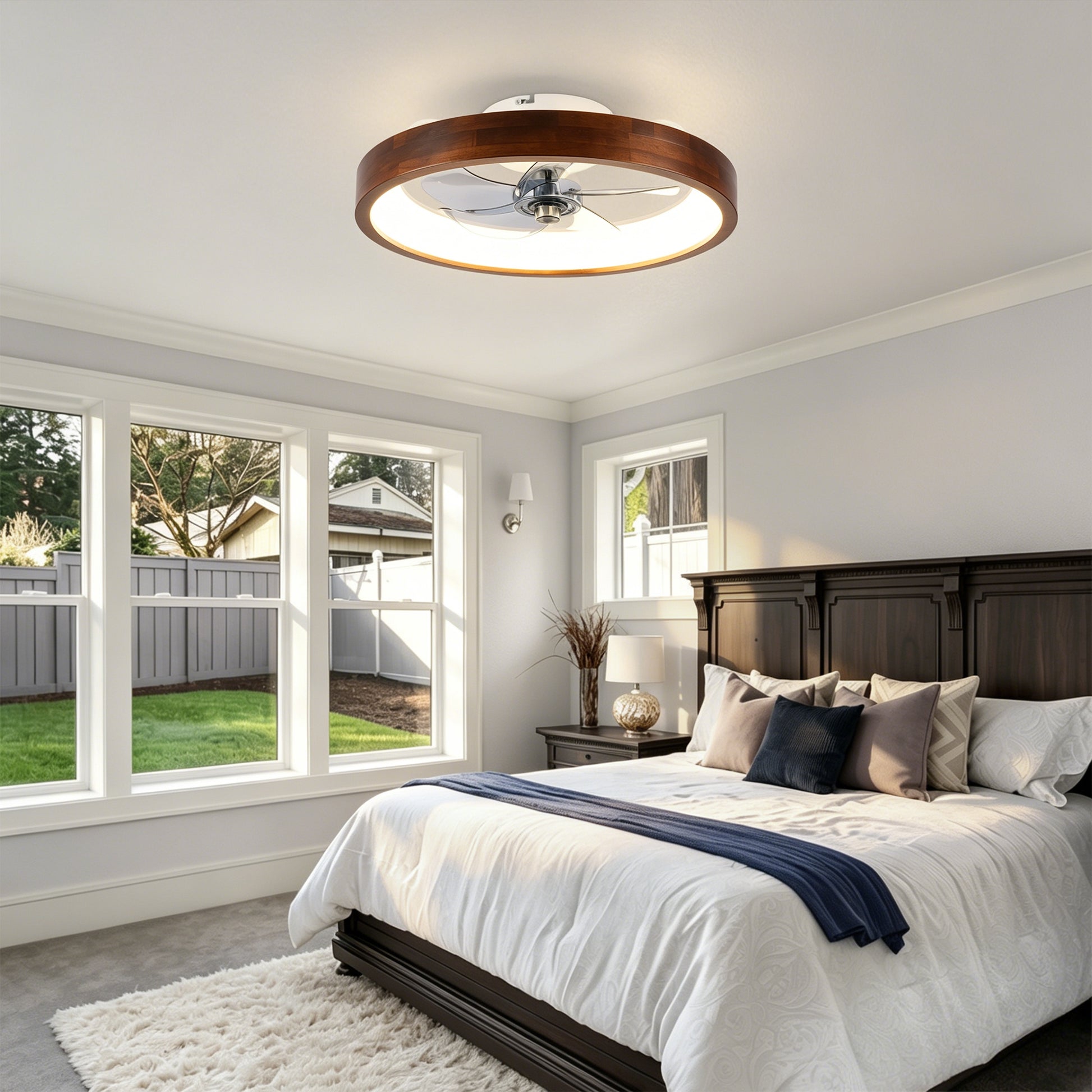20" White & Wood Flush Mount Ceiling Fan with Dimmable LED - view 5