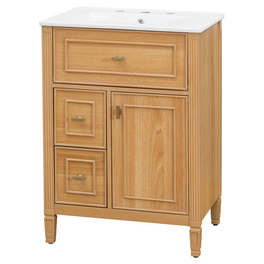 24" Natural Wood Bathroom Vanity with Ceramic Sink and Gold Knobs