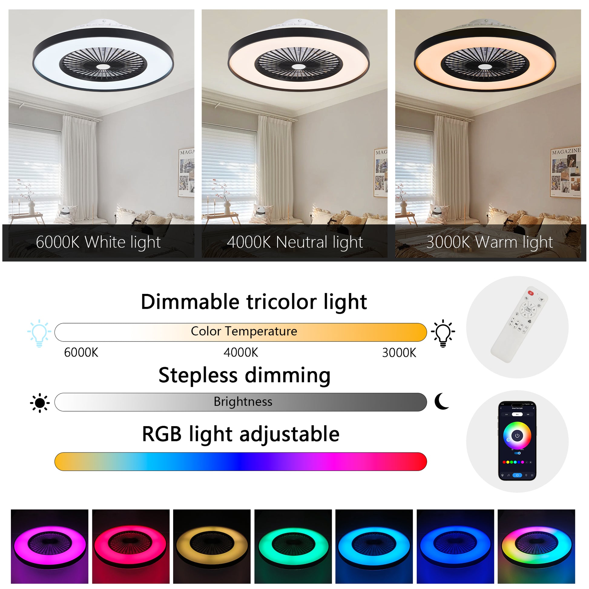 23" Black Smart Ceiling Fan with RGB LED - view 9