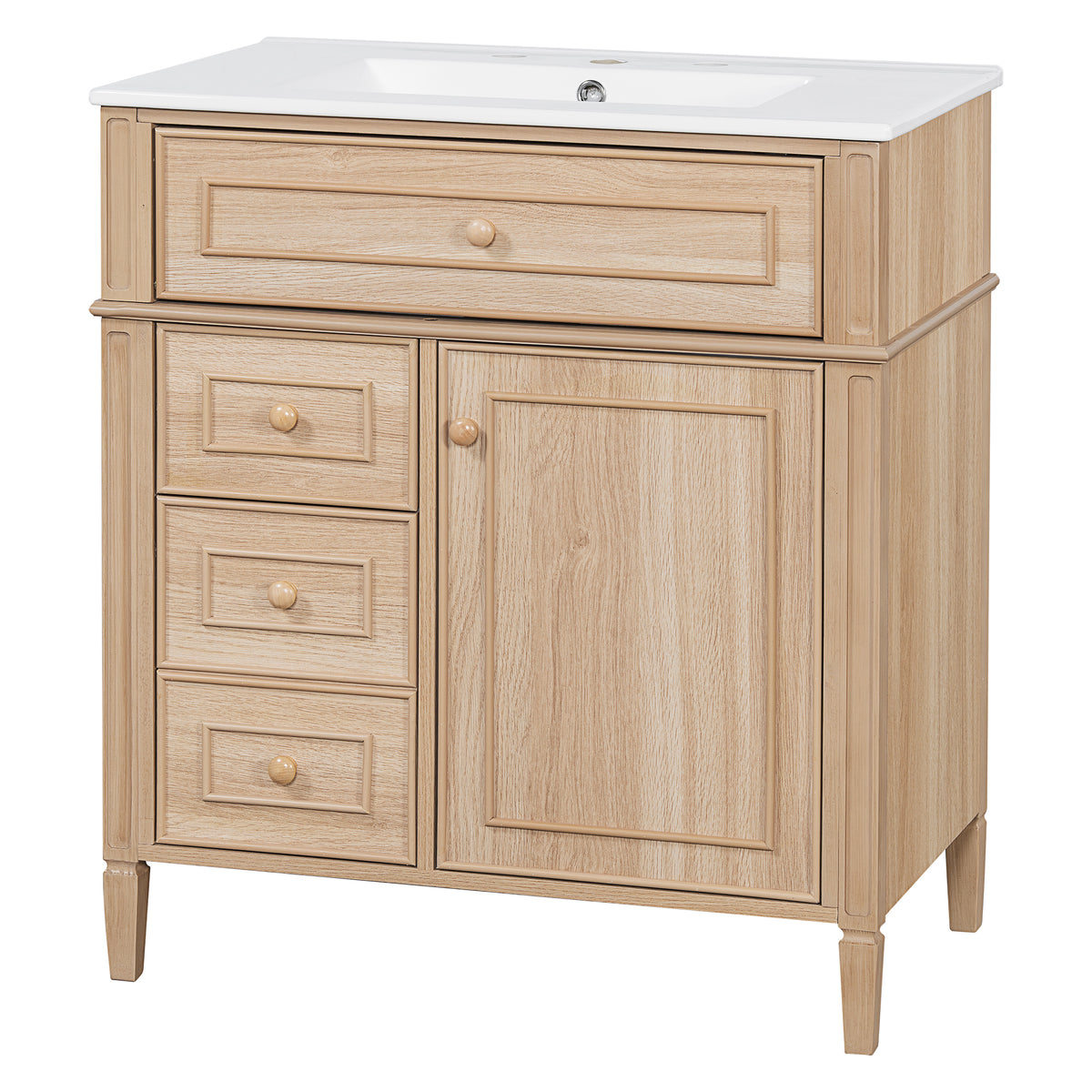 30" Light Oak Bathroom Vanity with Ceramic Sink and 3 Drawers