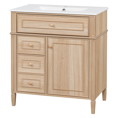 30" Light Oak Bathroom Vanity with Ceramic Sink and 3 Drawers