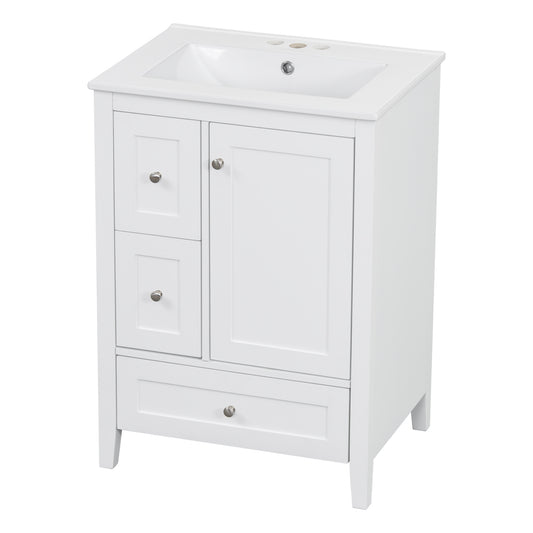 24" White Bathroom Vanity with Sink, Door & 2 Drawers