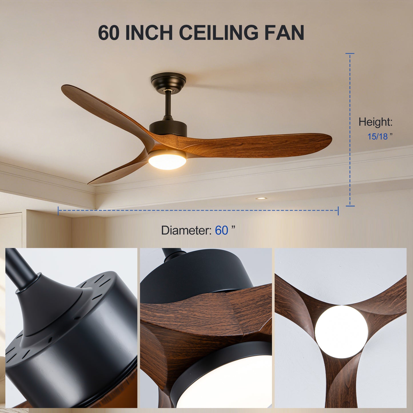 60" Matte Black Ceiling Fan with LED Light - view 25