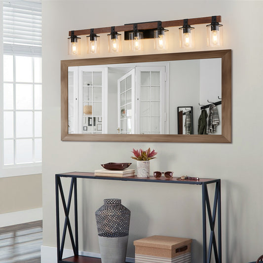 50" 7-Light Farmhouse Vanity Light with Wood Accent