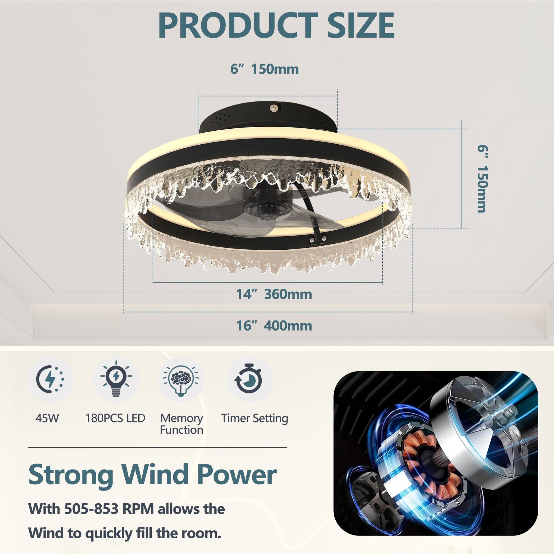 16" Black Crystal Ceiling Fan with Dimmable LED - view 4